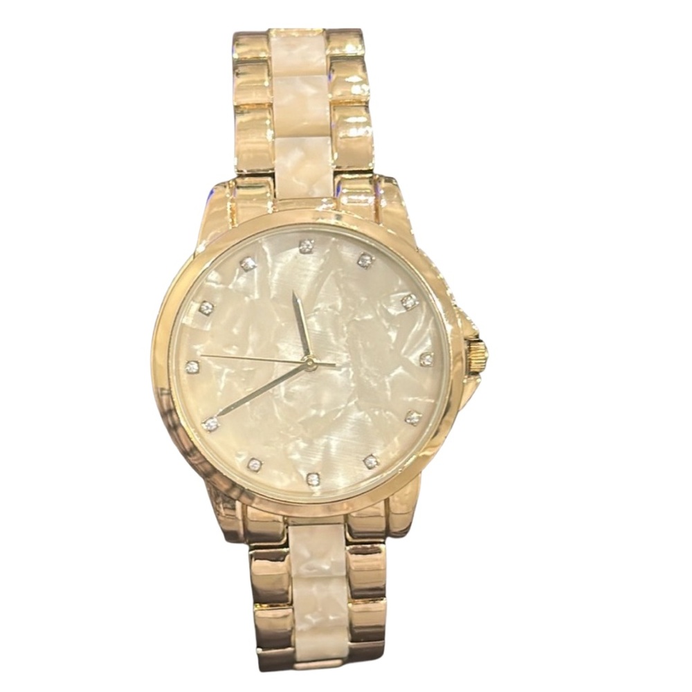 New INC WATCH Gold w White Marble Face Crystal Time Markers NWOT